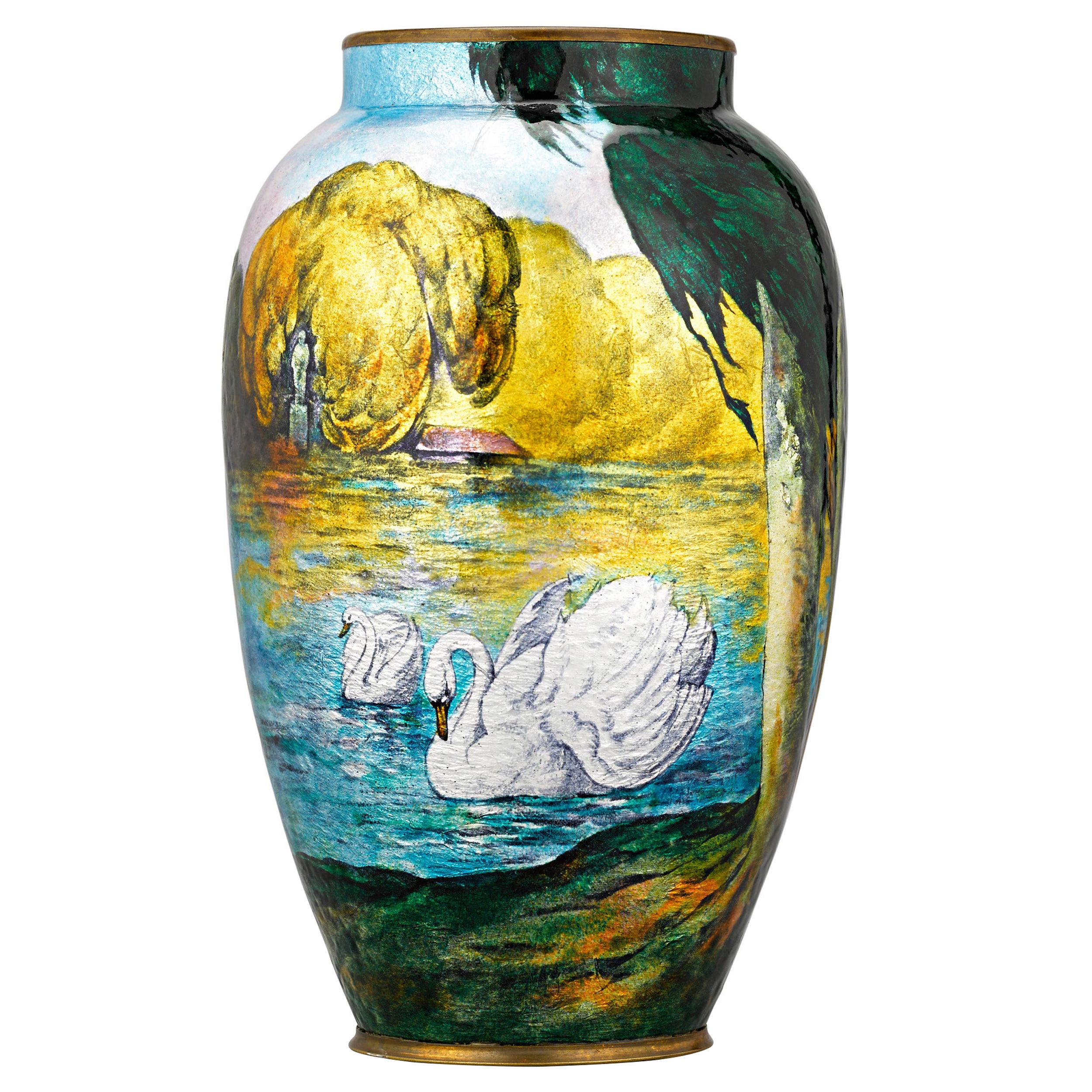 Vase cygne en émail de Camille Fauré et Alexandre Marty en vente