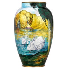 Emaille-Schwanenvase von Camille Fauré und Alexandre Marty