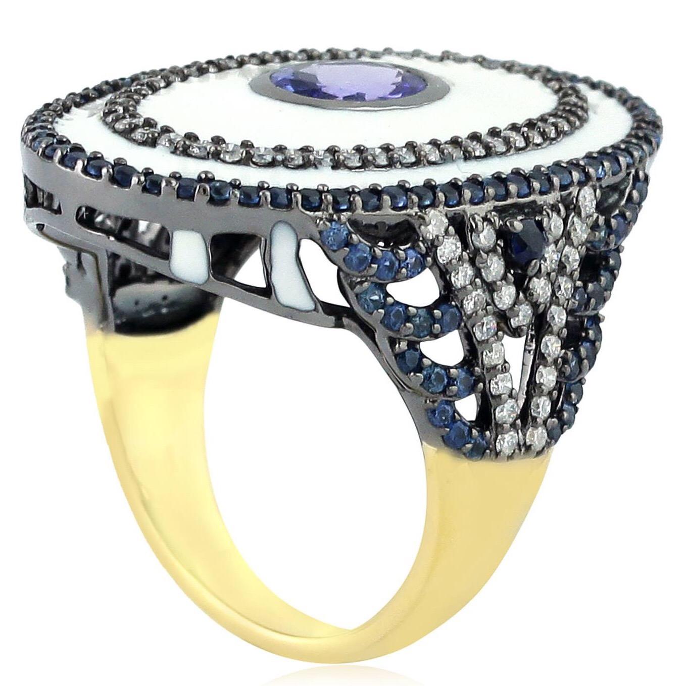 Contemporary Enamel Tanzanite Sapphire Diamond Ring For Sale