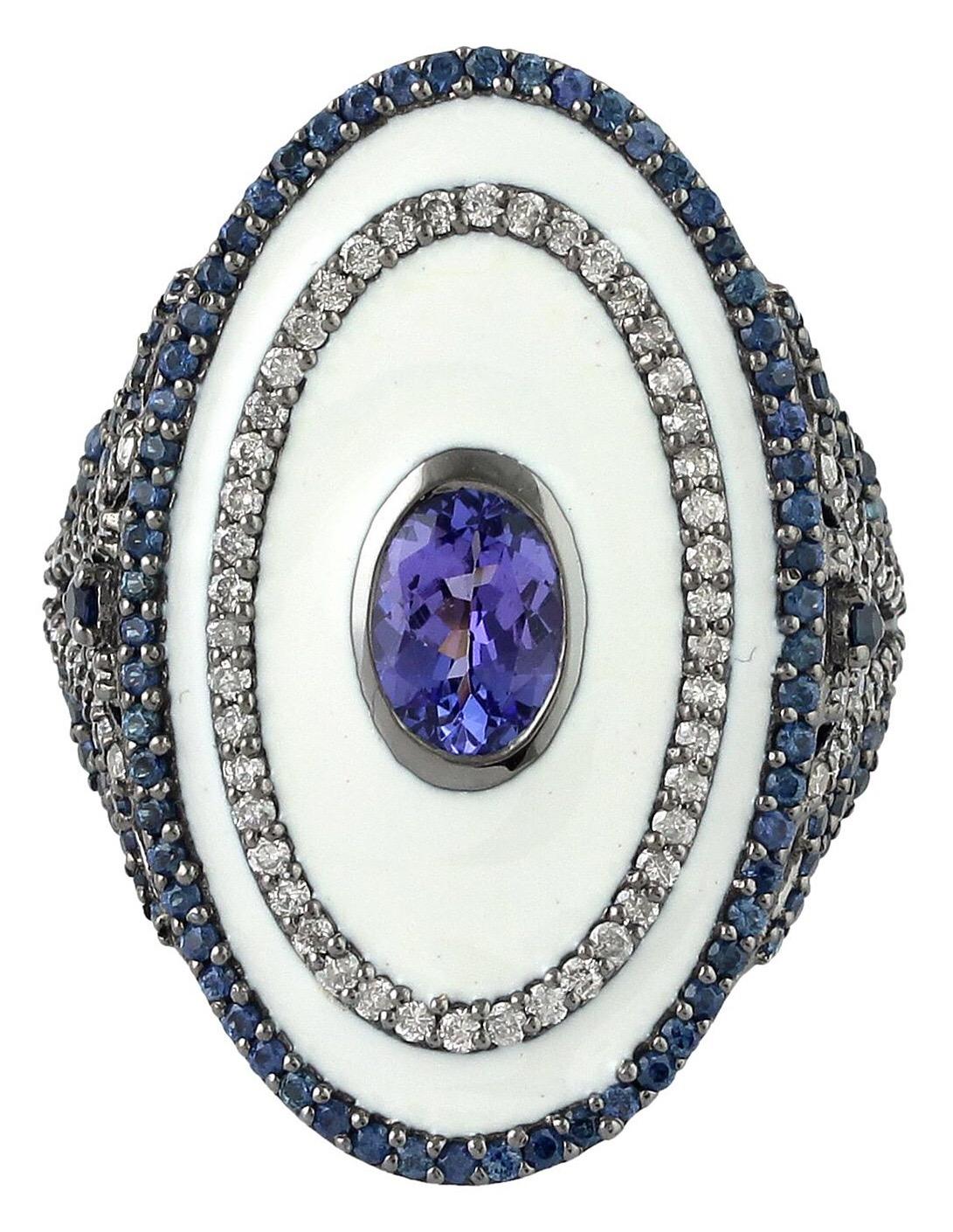 Mixed Cut Enamel Tanzanite Sapphire Diamond Ring For Sale