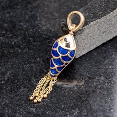 Enamel Tassel Charm Solid 14k Yellow Gold Natural Blue Sapphire Fish Pendant