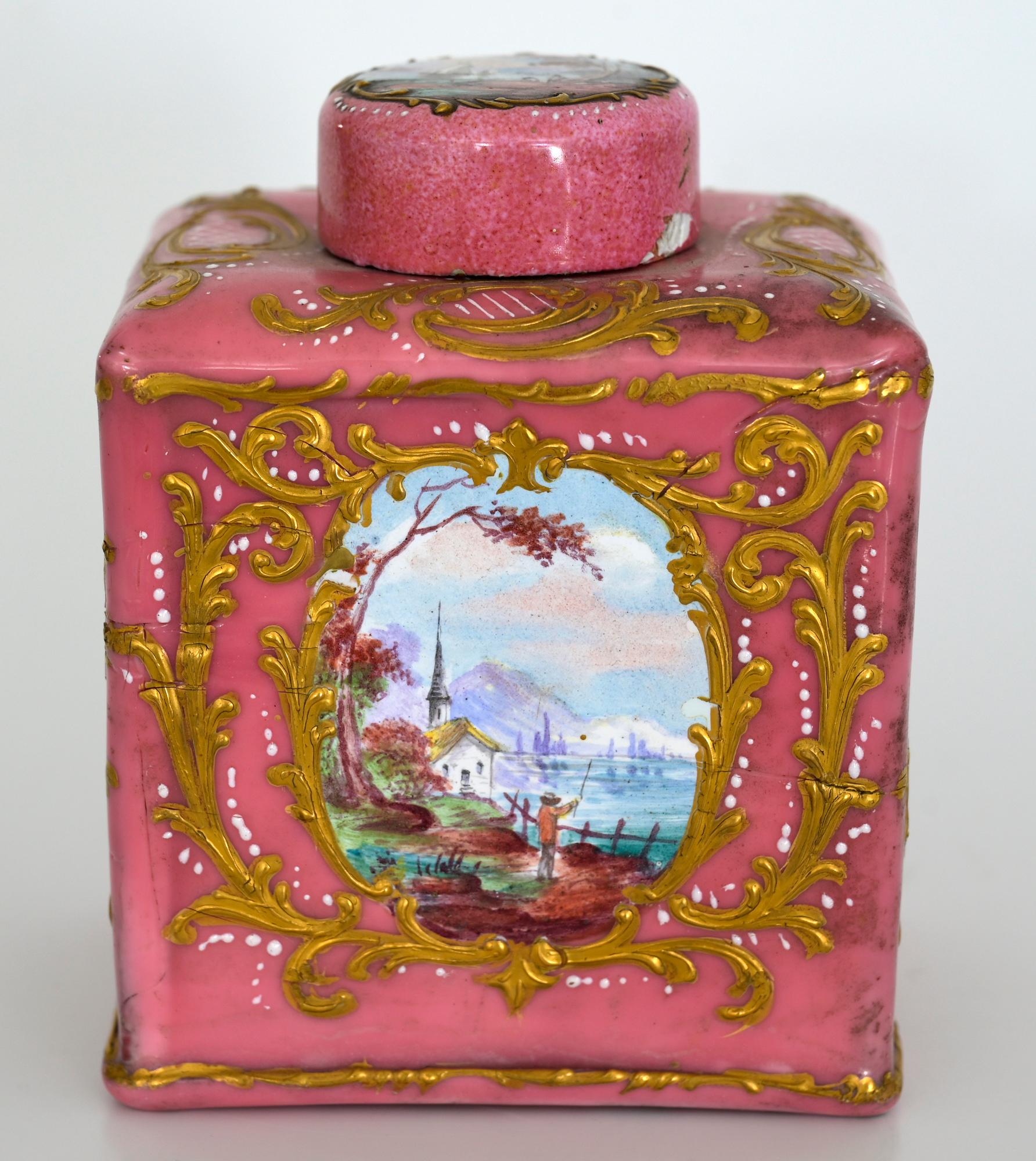 A very nice enamel tea caddy, Vienna 18th century, paintings with landscape and couples on all sides and on the top and gold ornamentation.

  