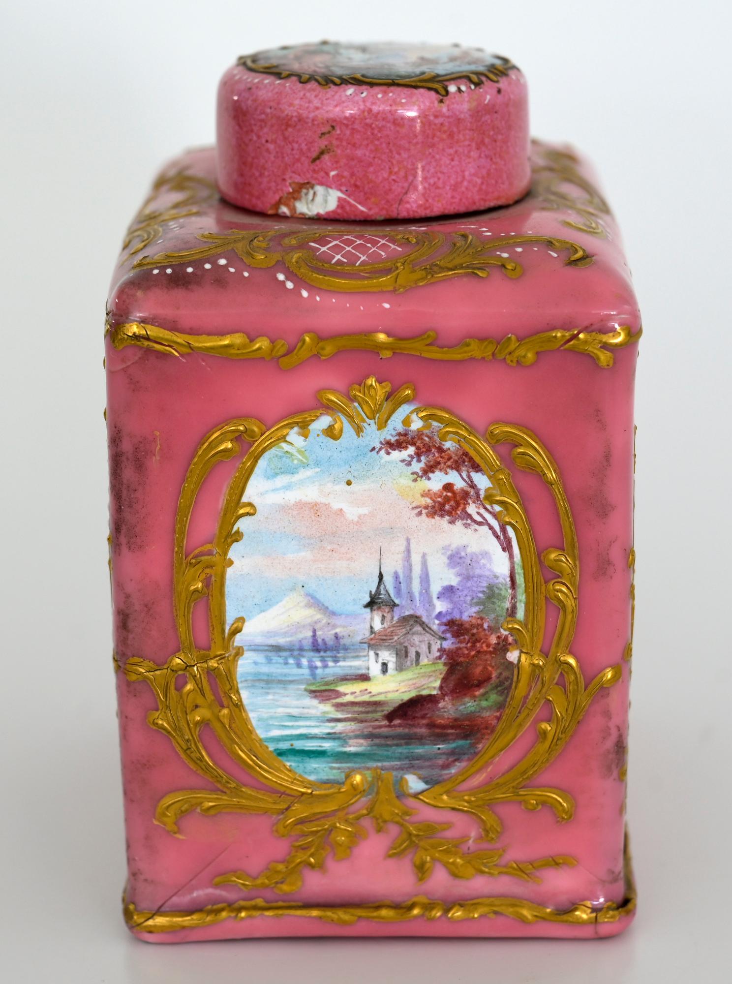 Rococo Enamel Tea Caddy Vienna 18th Century with Landscape For Sale