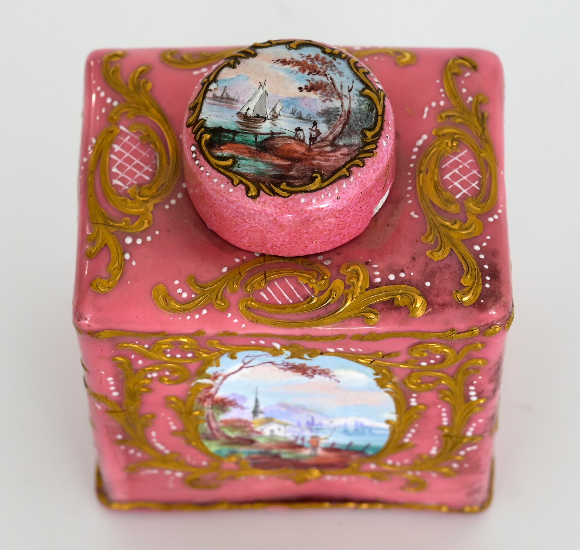 Austrian Enamel Tea Caddy Vienna 18th Century with Landscape For Sale