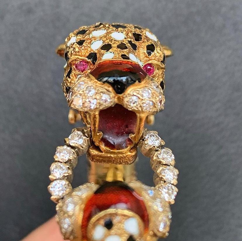 Enamel Tiger Bracelet and Ring by Frascarolo
Accented with diamonds
Made in Italy circa 1970
Ring sizable
Bracelet inner circumference approx 2 inches
