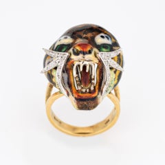 Enamel Tiger Ring Vintage 18k Yellow Gold Diamond Estate Animal Jewelry