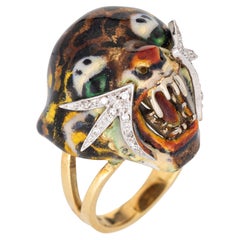 Anello con tigre smaltata Vintage in oro giallo 18k con diamante Estate Jewelry