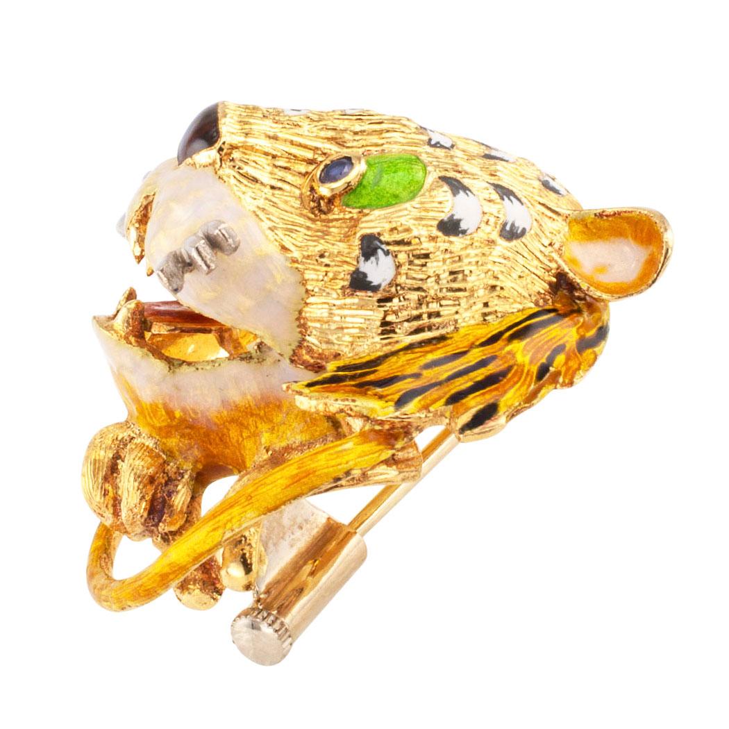 Modern Enamel Tiger Sapphire Gold Brooch