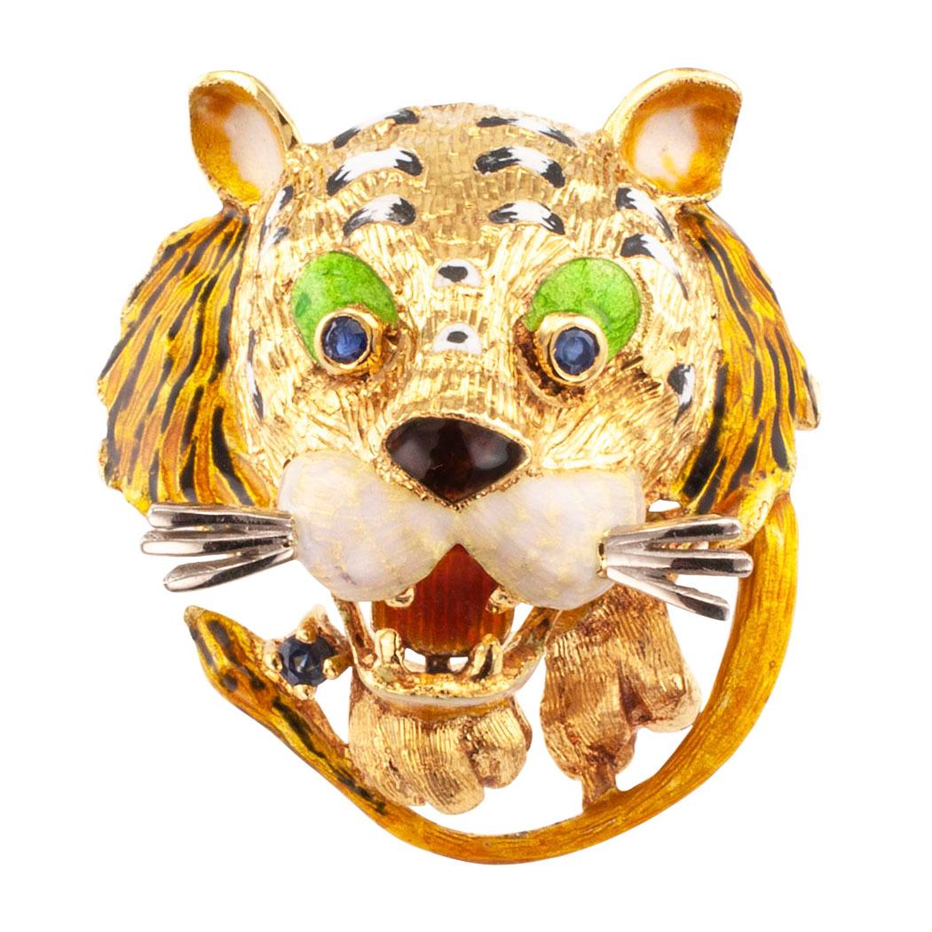 Enamel Tiger Sapphire Gold Brooch