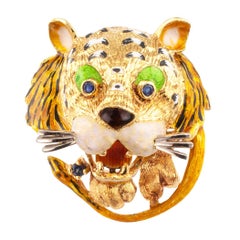 Enamel Tiger Sapphire Gold Brooch