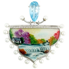 Collier pendentif automne en or 18 carats, émail, topaze, diamant et perle