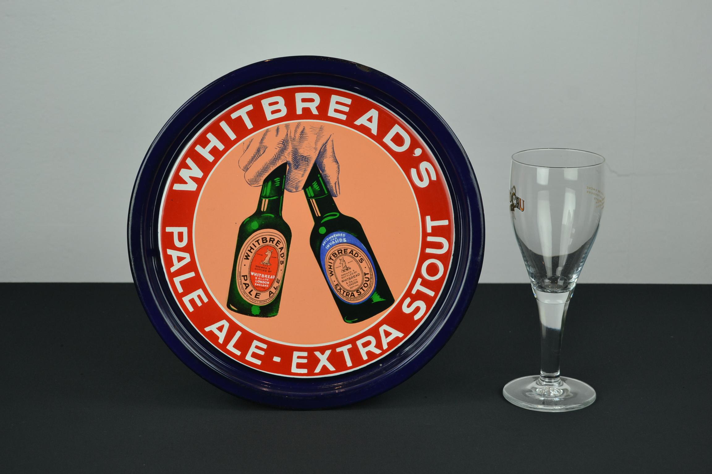 Enamel Tray for Whitbread's Beer of the Mid-20th Century. 
This Porcelain Sign for Beer dates circa 1940s-1950s. 
A Pub Tray made for Whitbread's Beer, the Pale Ale and the Extra Stout. 
This vintage Enamel Sign - vintage Porcelain Sign has the