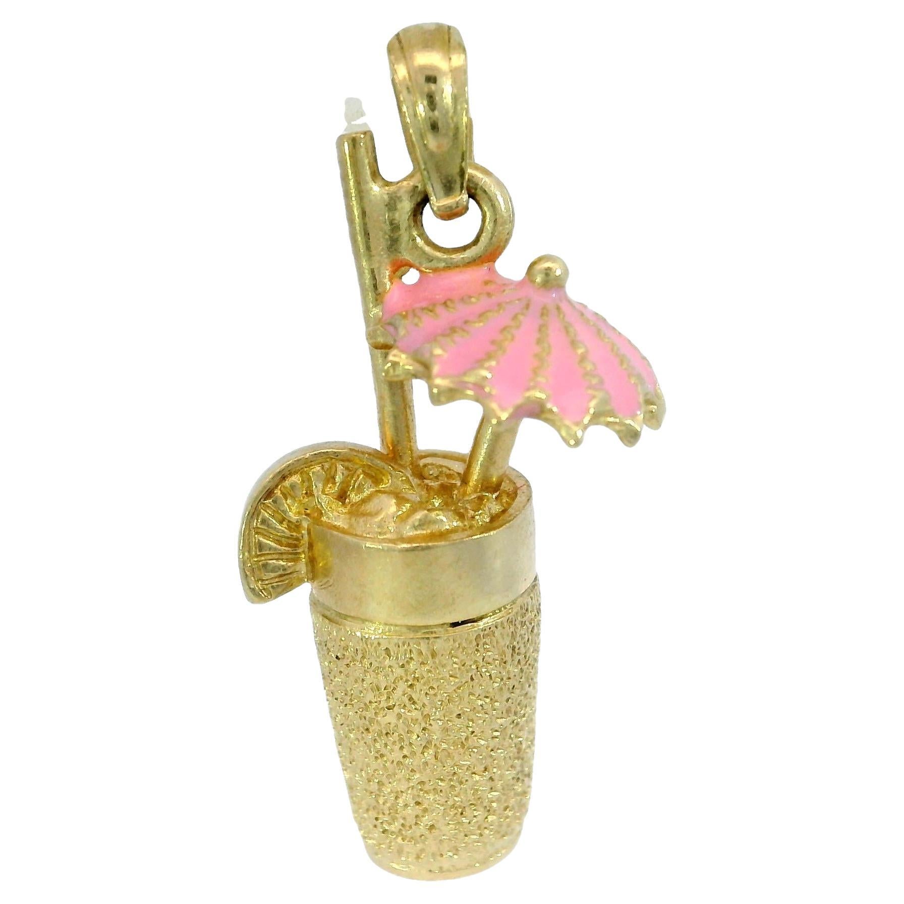Tropischer Getränke-Charm-Anhänger aus 14K Gelbgold mit Emaille mit 3D-Druck