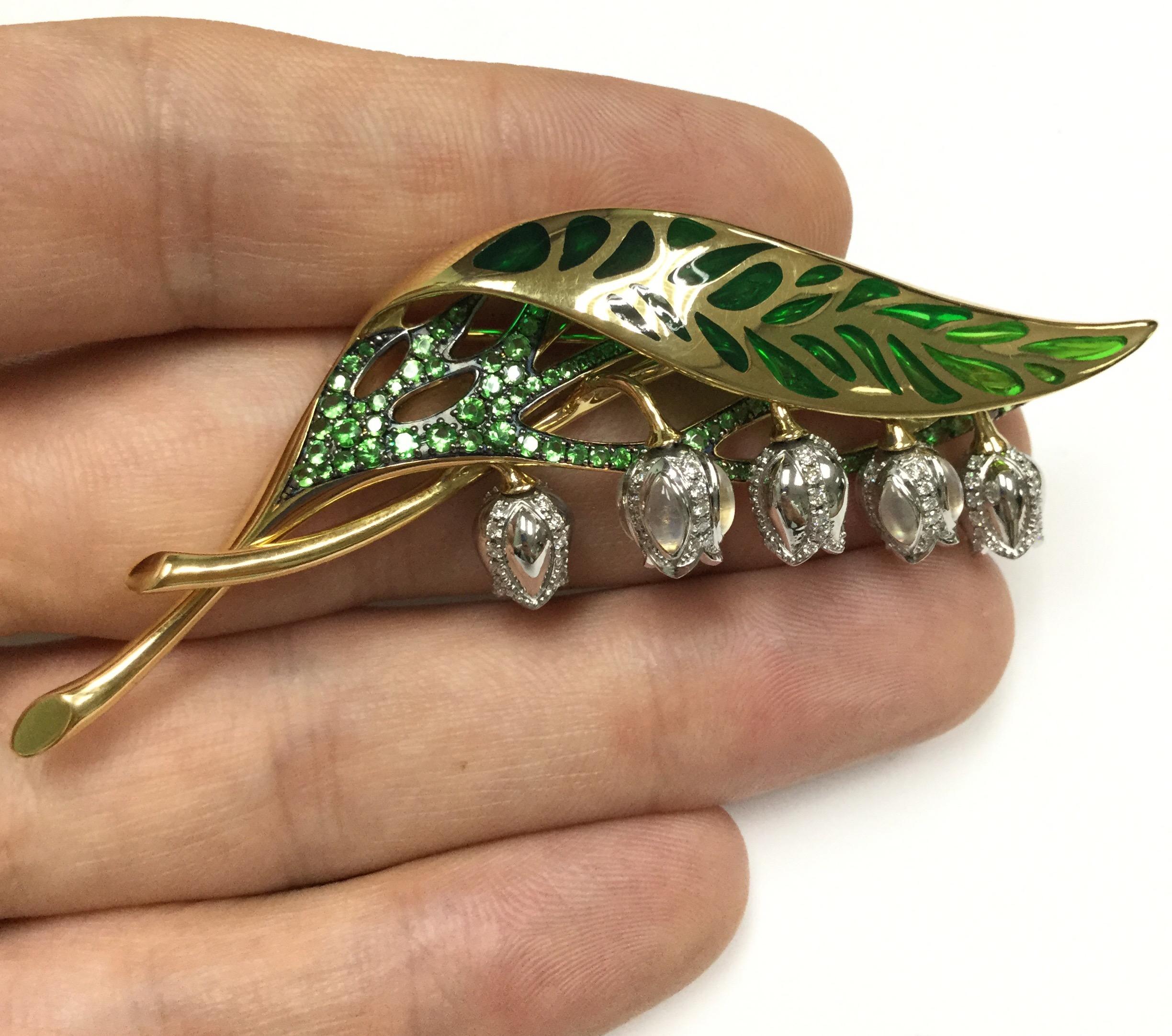 Contemporary Enamel Tsavorite Diamond 18 Karat Yellow Gold Lilly of Valley Brooch