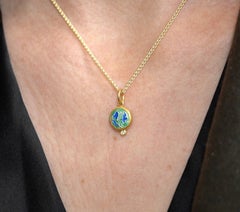 Enamel Tulips Charm in Green & Blue, Amulet Pendant Necklace w/ Diamond 24k Gold