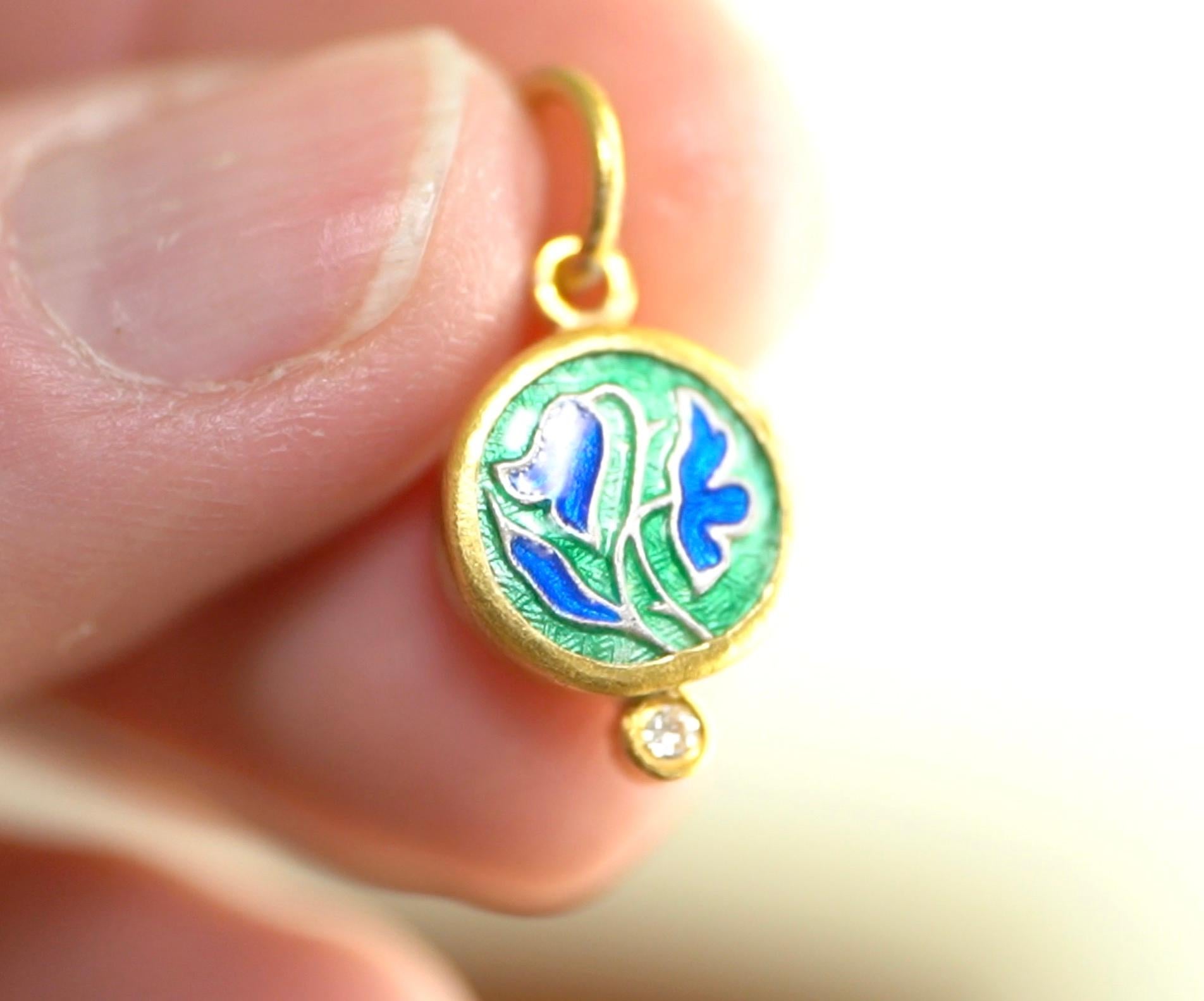 Contemporary Enamel Tulips Charm in Green & Blue, Amulet Pendant Necklace w/ Diamond 24k Gold For Sale