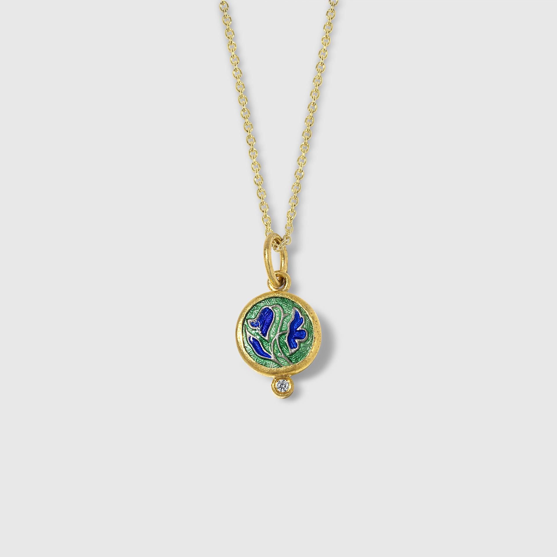 Round Cut Enamel Tulips Charm in Green & Blue, Amulet Pendant Necklace w/ Diamond 24k Gold For Sale
