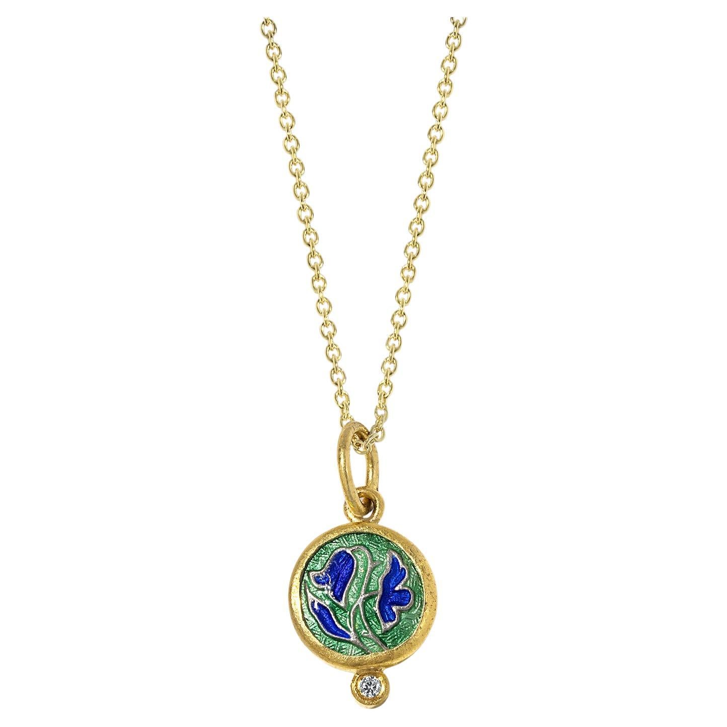Enamel Tulips Charm in Green & Blue, Amulet Pendant Necklace w/ Diamond 24k Gold For Sale