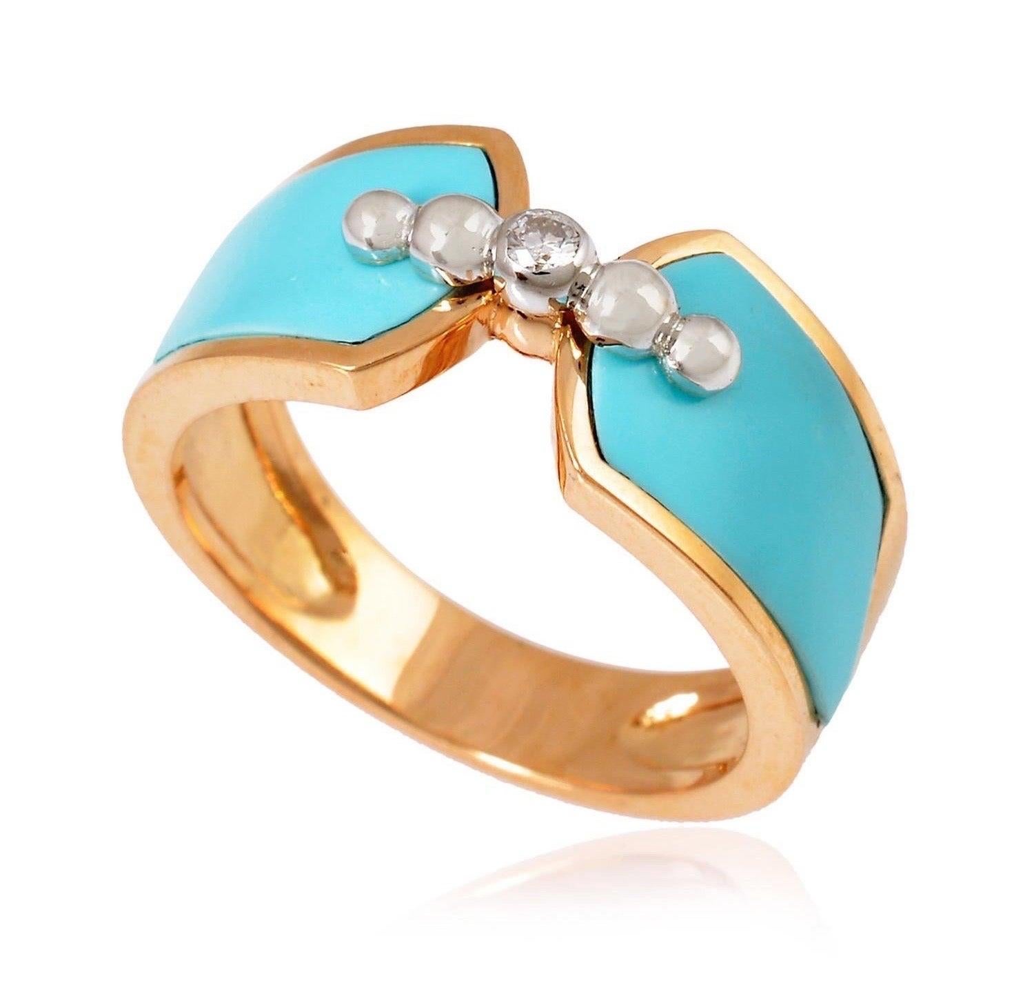 For Sale:  Enamel Turqoise Diamond 18 Karat Gold Ring 4