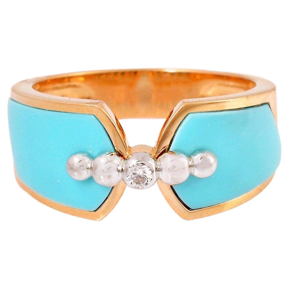 For Sale:  Enamel Turqoise Diamond 18 Karat Gold Ring