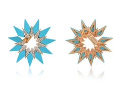 Enamel Turquoise Diamond 18 Karat Gold Hoop Earrings