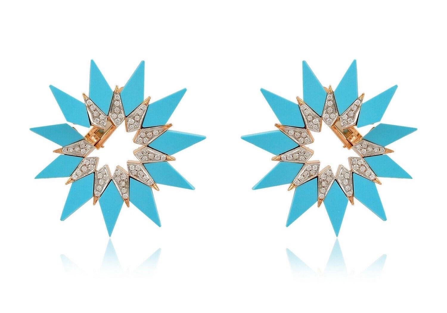 Contemporary Enamel Turquoise Diamond 18 Karat Gold Hoop Earrings For Sale