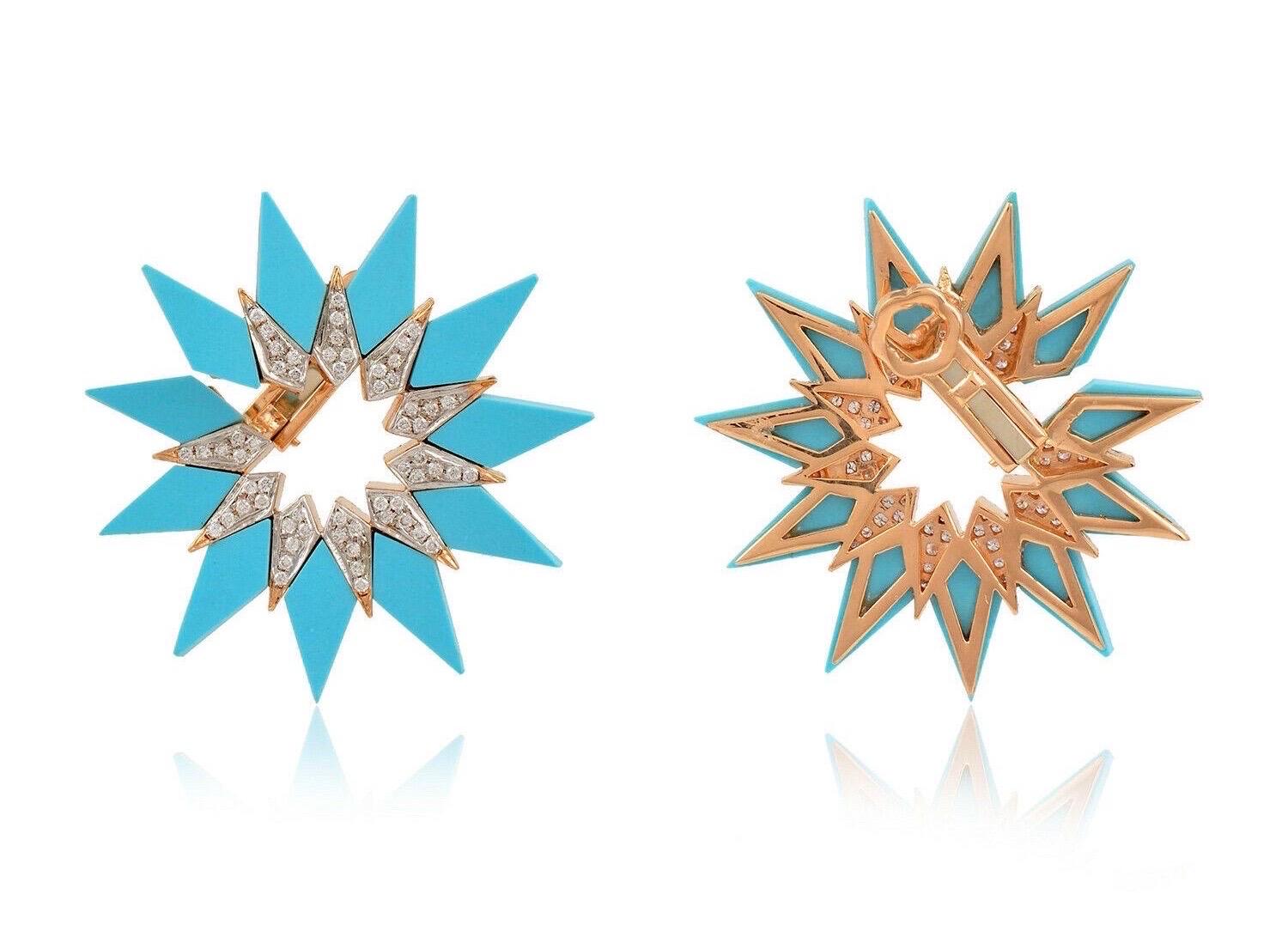 Mixed Cut Enamel Turquoise Diamond 18 Karat Gold Hoop Earrings For Sale