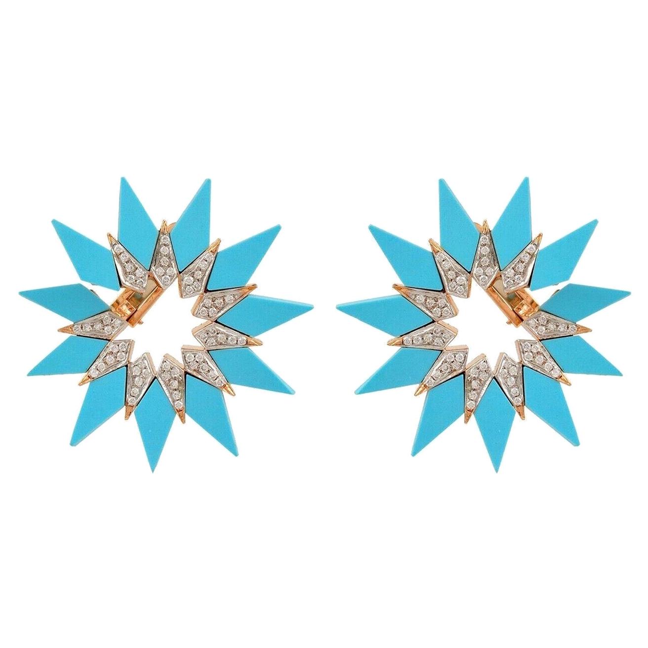 Enamel Turquoise Diamond 18 Karat Gold Hoop Earrings