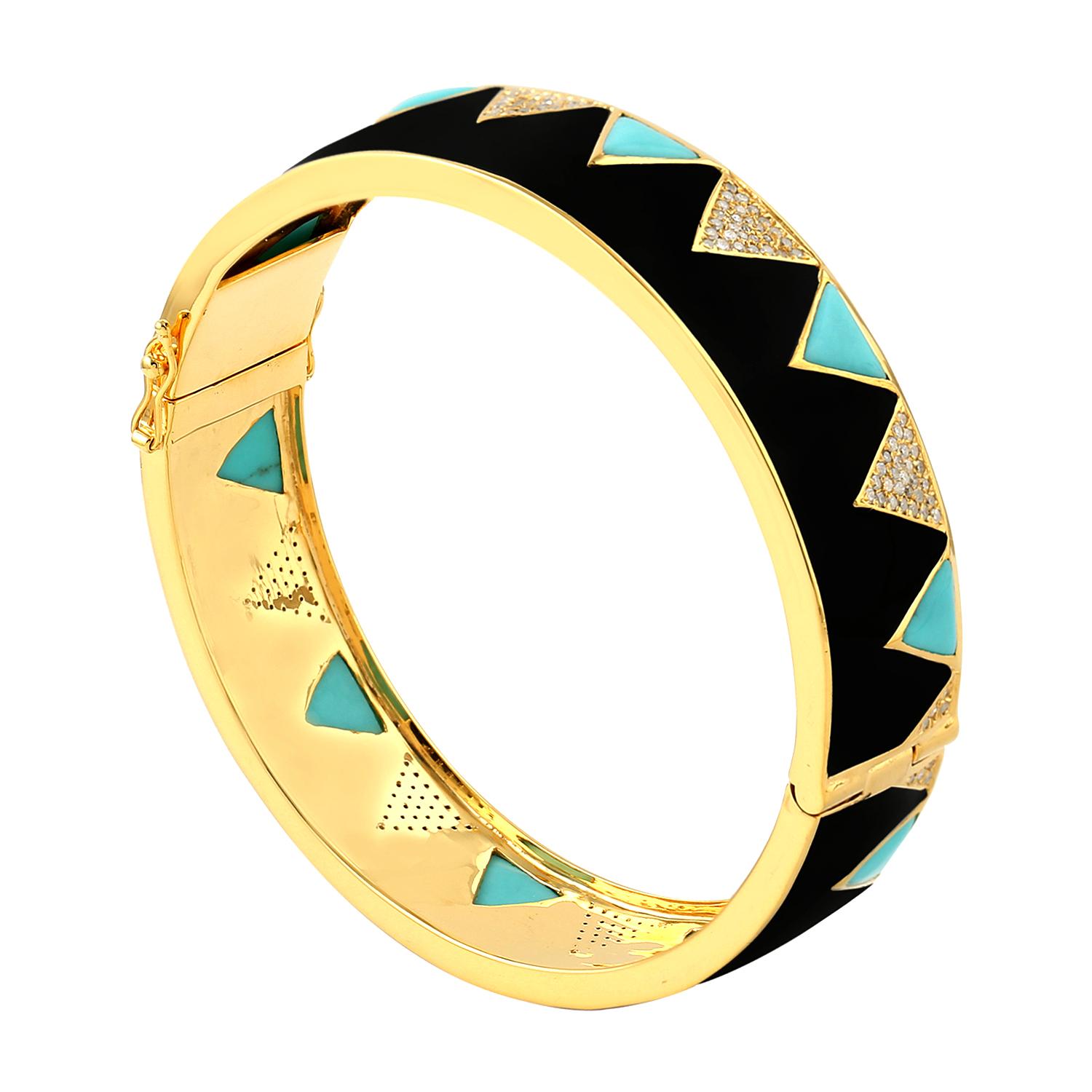 Moderne Bracelet jonc en émail, turquoises et diamants en vente