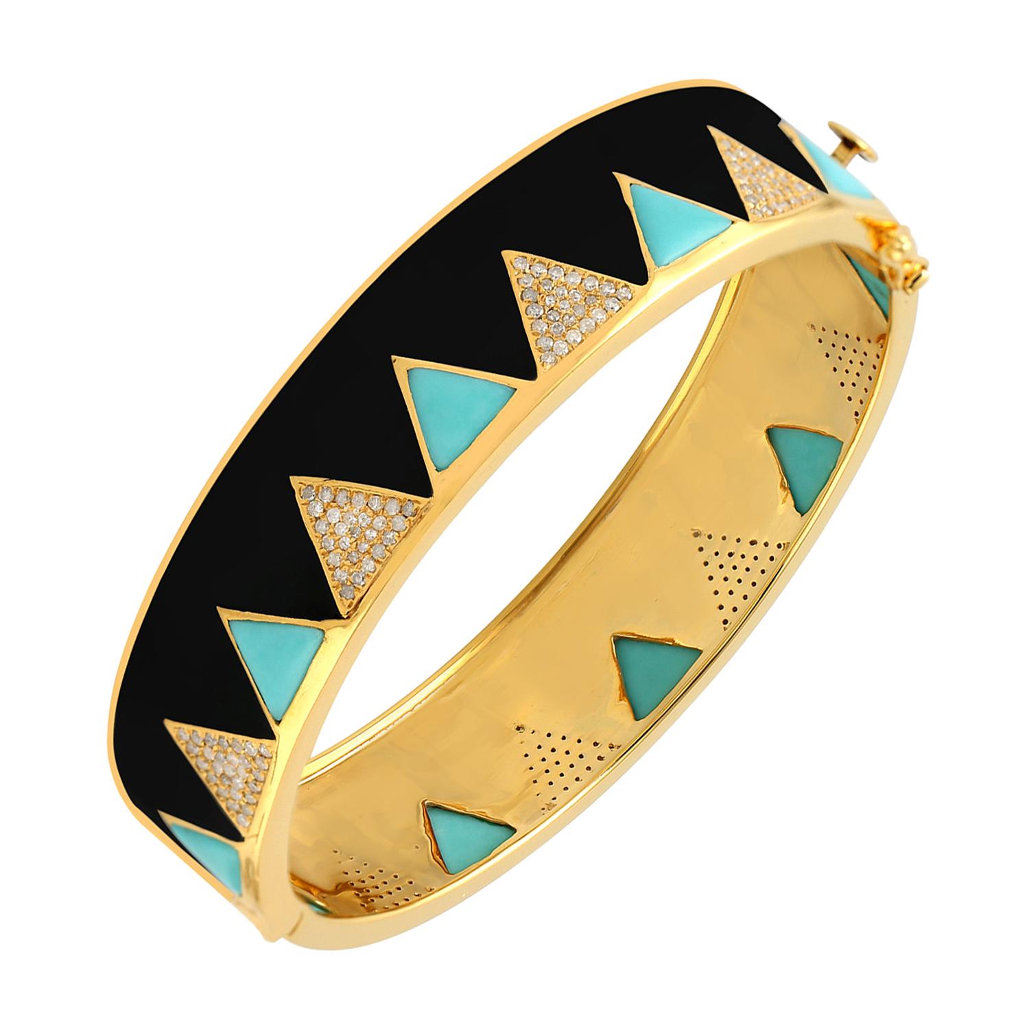 Taille simple Bracelet jonc en émail, turquoises et diamants en vente