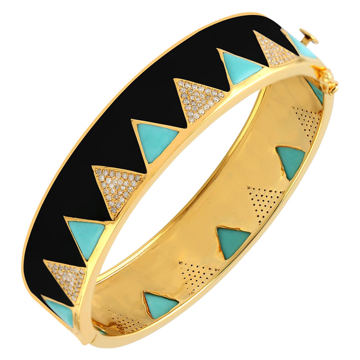 Bracelet jonc en émail, turquoises et diamants en vente