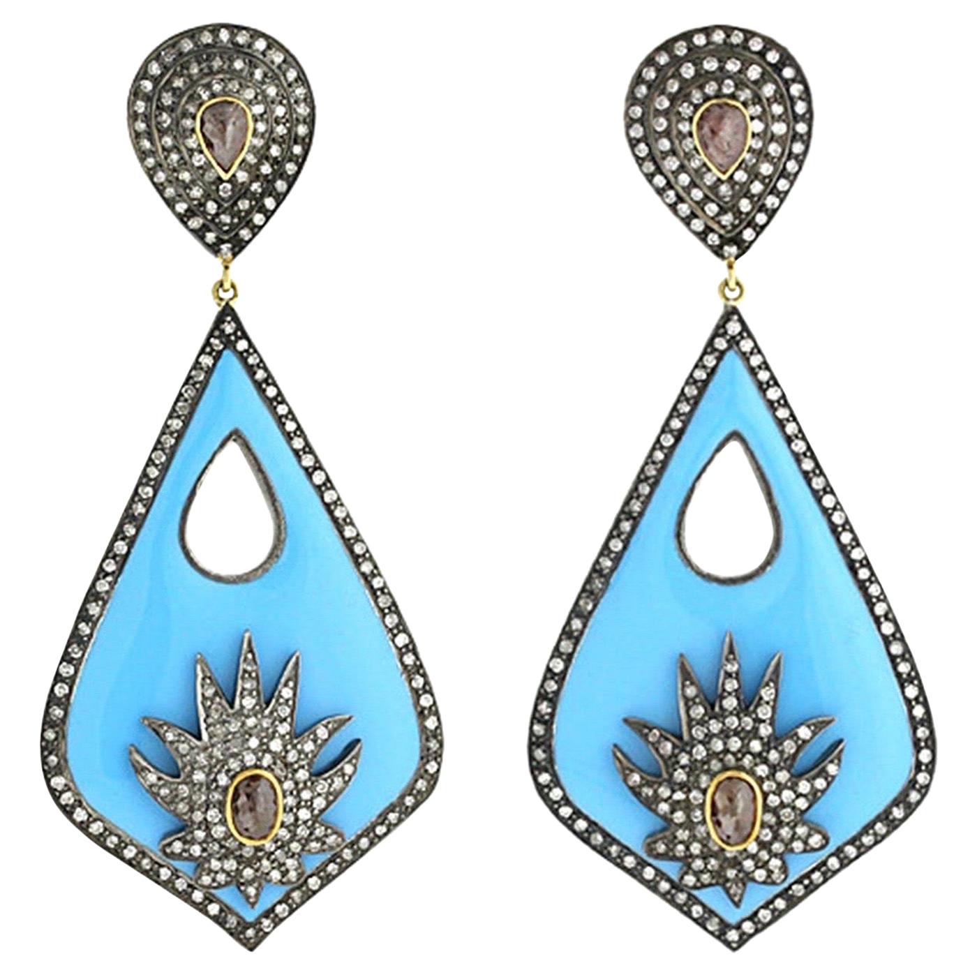 Enamel Turquoise Fancy Slice Diamond Earrings