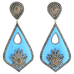 Boucles d'oreilles en émail, turquoise et diamants taille tranche fantaisie