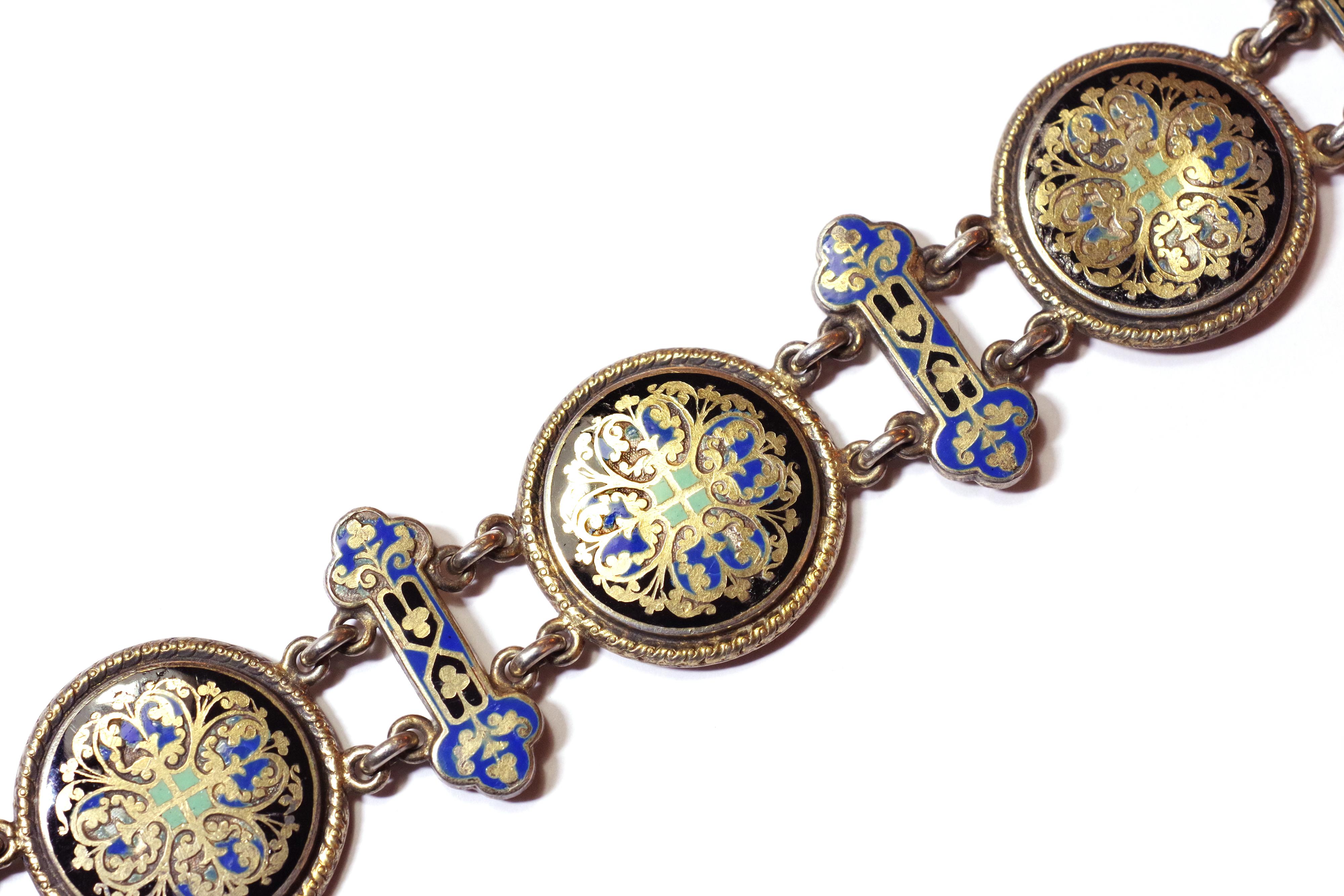 Enamel Victorian Silver Bracelet, Cloisonné Enamel, Gilted Silver In Fair Condition For Sale In PARIS, FR