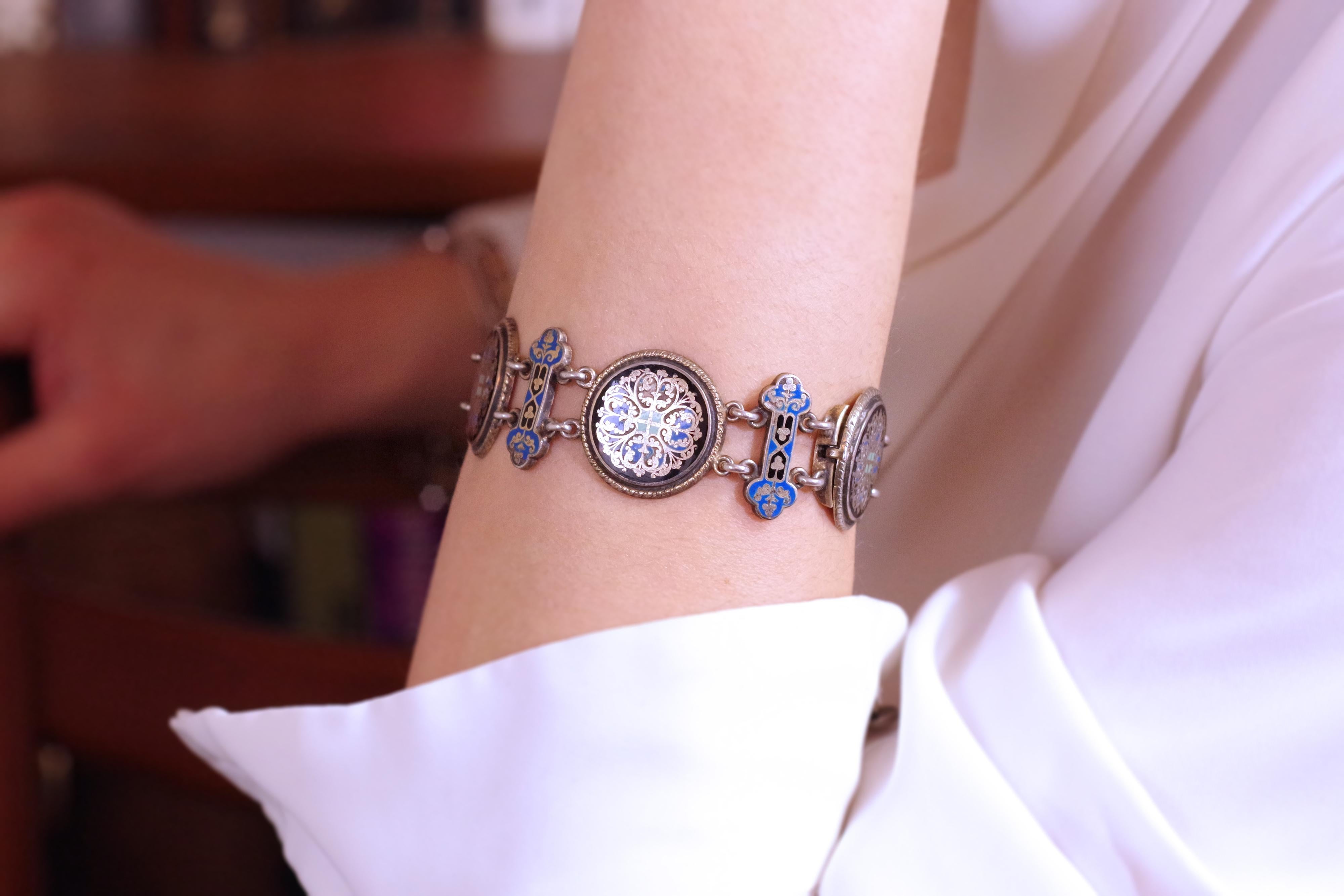 Women's Enamel Victorian Silver Bracelet, Cloisonné Enamel, Gilted Silver For Sale