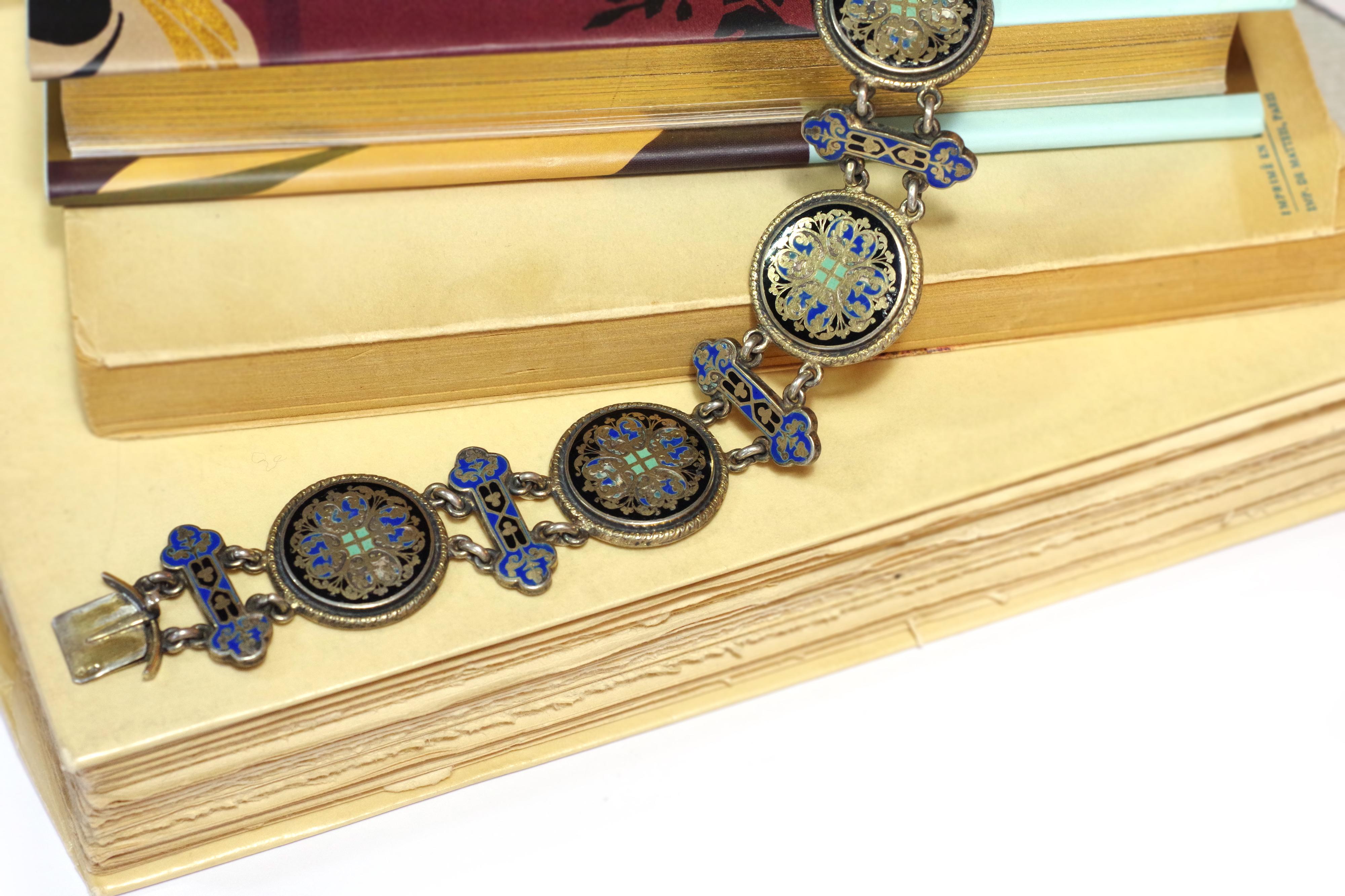 Enamel Victorian Silver Bracelet, Cloisonné Enamel, Gilted Silver For Sale 3