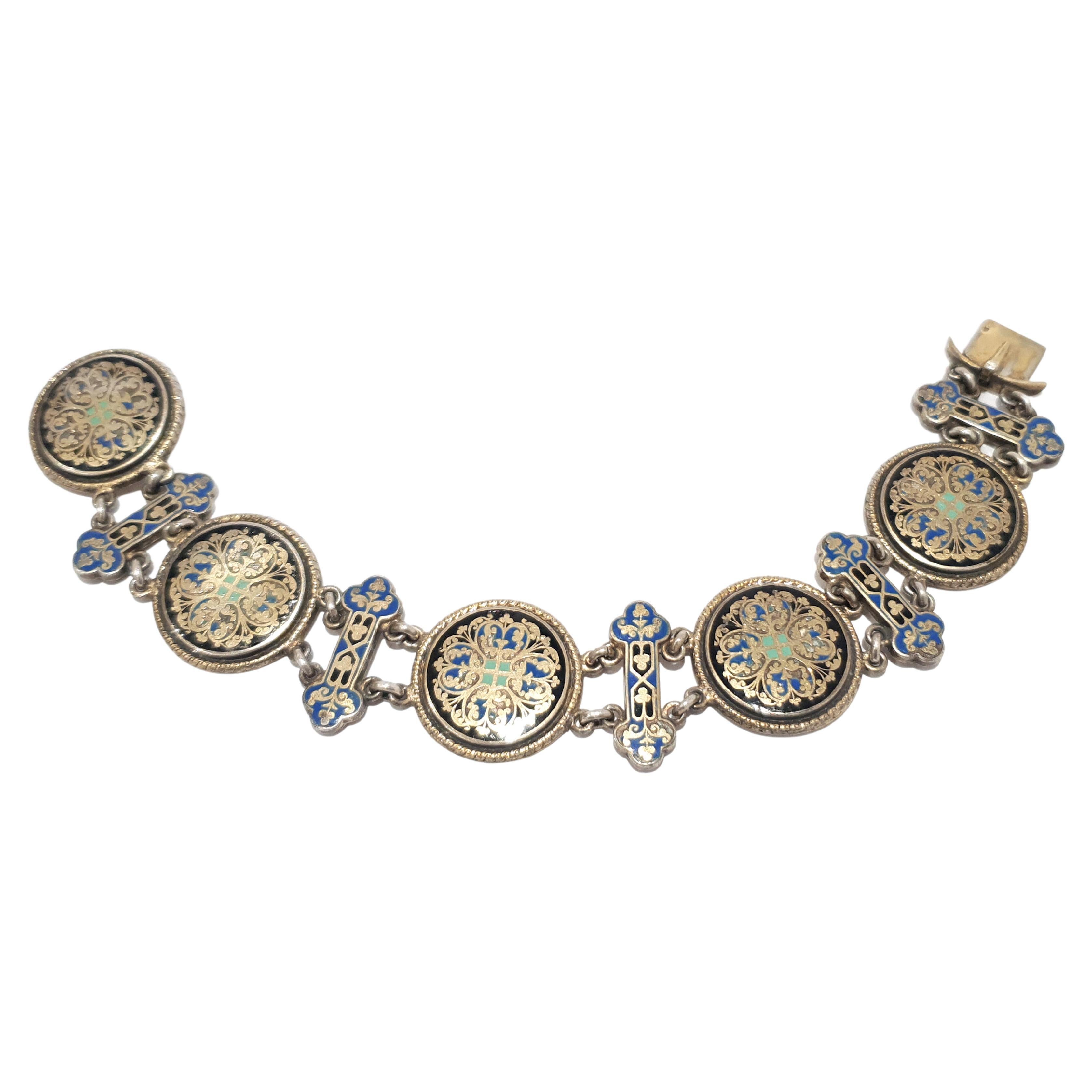 Enamel Victorian Silver Bracelet, Cloisonné Enamel, Gilted Silver For Sale