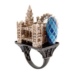 Enamel White Gold Rhodium Silver London Ring