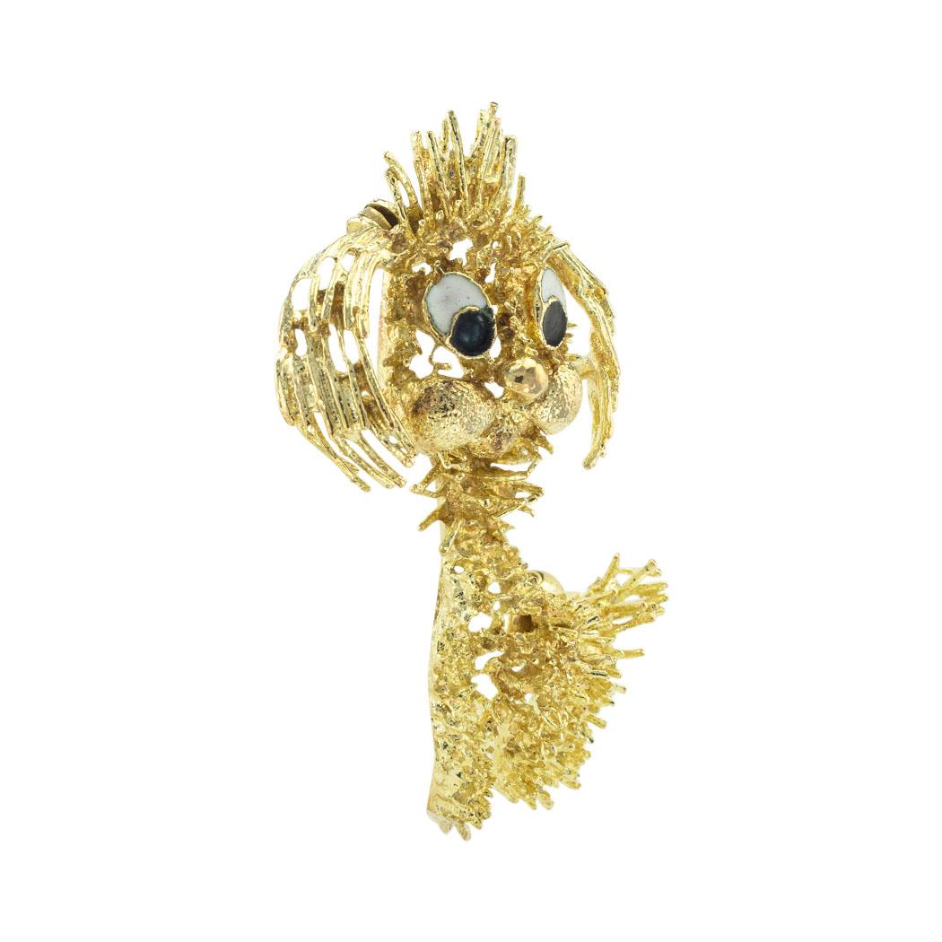  Enamel and gold dog brooch circa 1960. *

SPECIFICATIONS:

ENAMEL:  black and white enamel eyes.

METAL:  18-karat gold.

WEIGHT:  7.2 grams.

MEASUREMENTS:  approximately 1 ½” (3.80 cm) vertical length and 1” (2.50 cm) horizontal