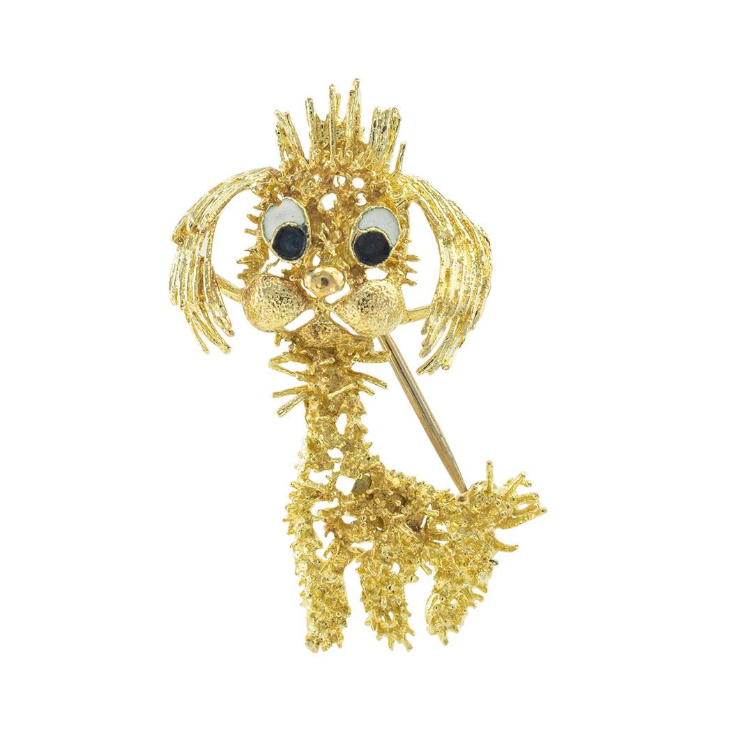 Women's or Men's Enamel Yellow Gold Dog Brooch