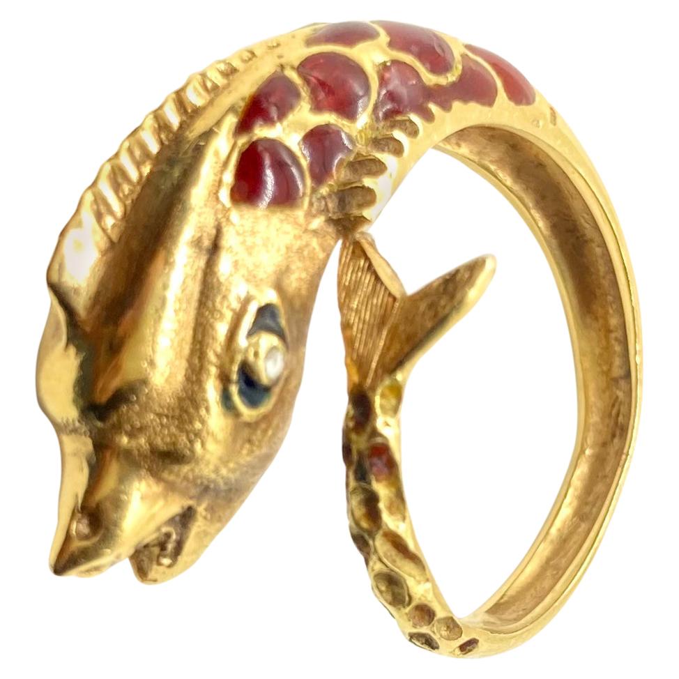 Enamel Yellow Gold Fish Ring For Sale