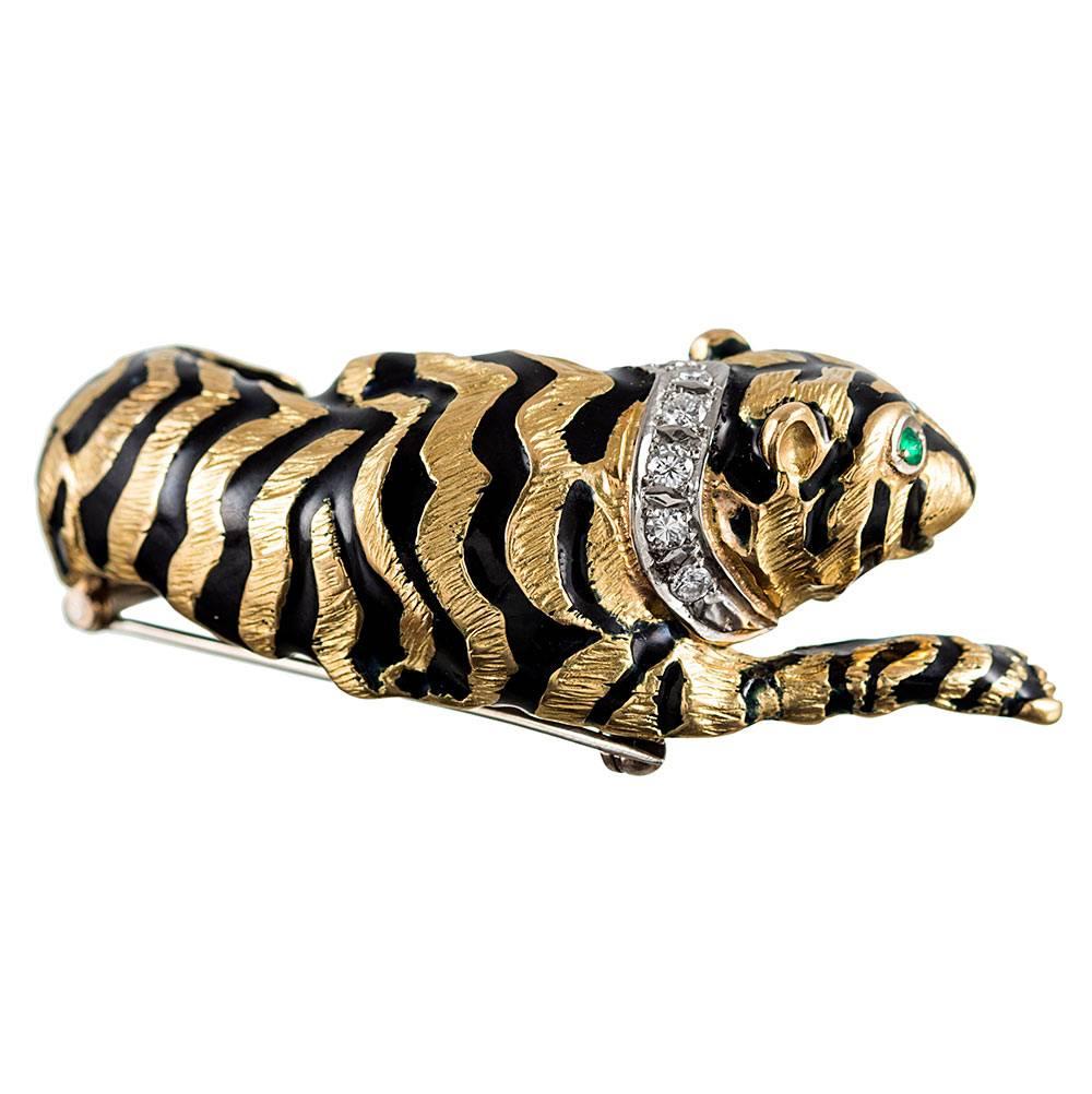 Enamel, Diamond and Emerald Tiger Brooch In Excellent Condition In Carmel-by-the-Sea, CA