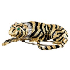 Enamel, Diamond and Emerald Tiger Brooch