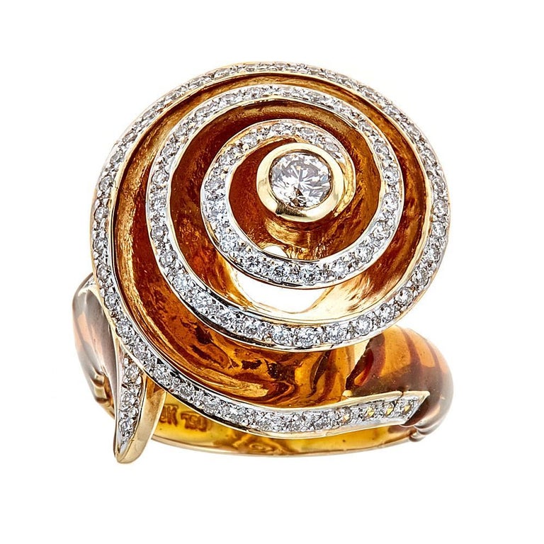Enameled 18 Karat Yellow Gold and 0.69 Carat Diamond Ring For Sale at