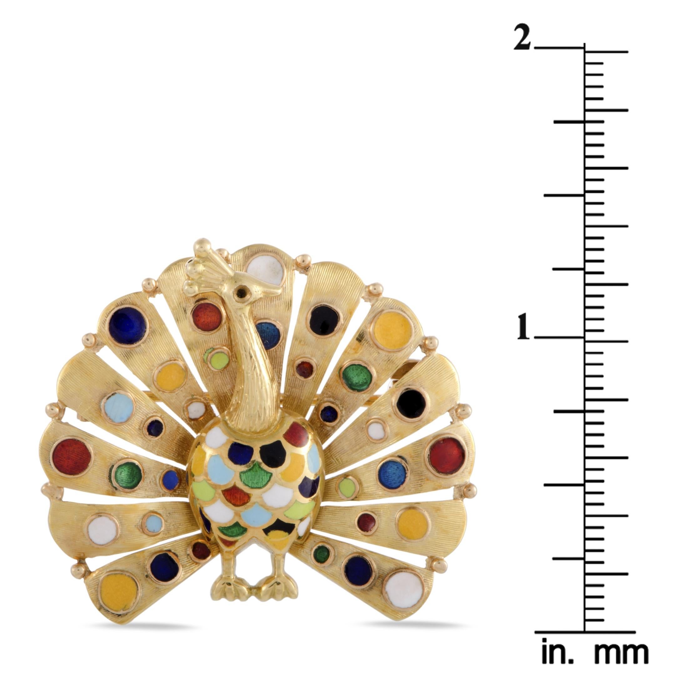 Enameled 18 Karat Yellow Gold Peacock Brooch In Excellent Condition In Southampton, PA