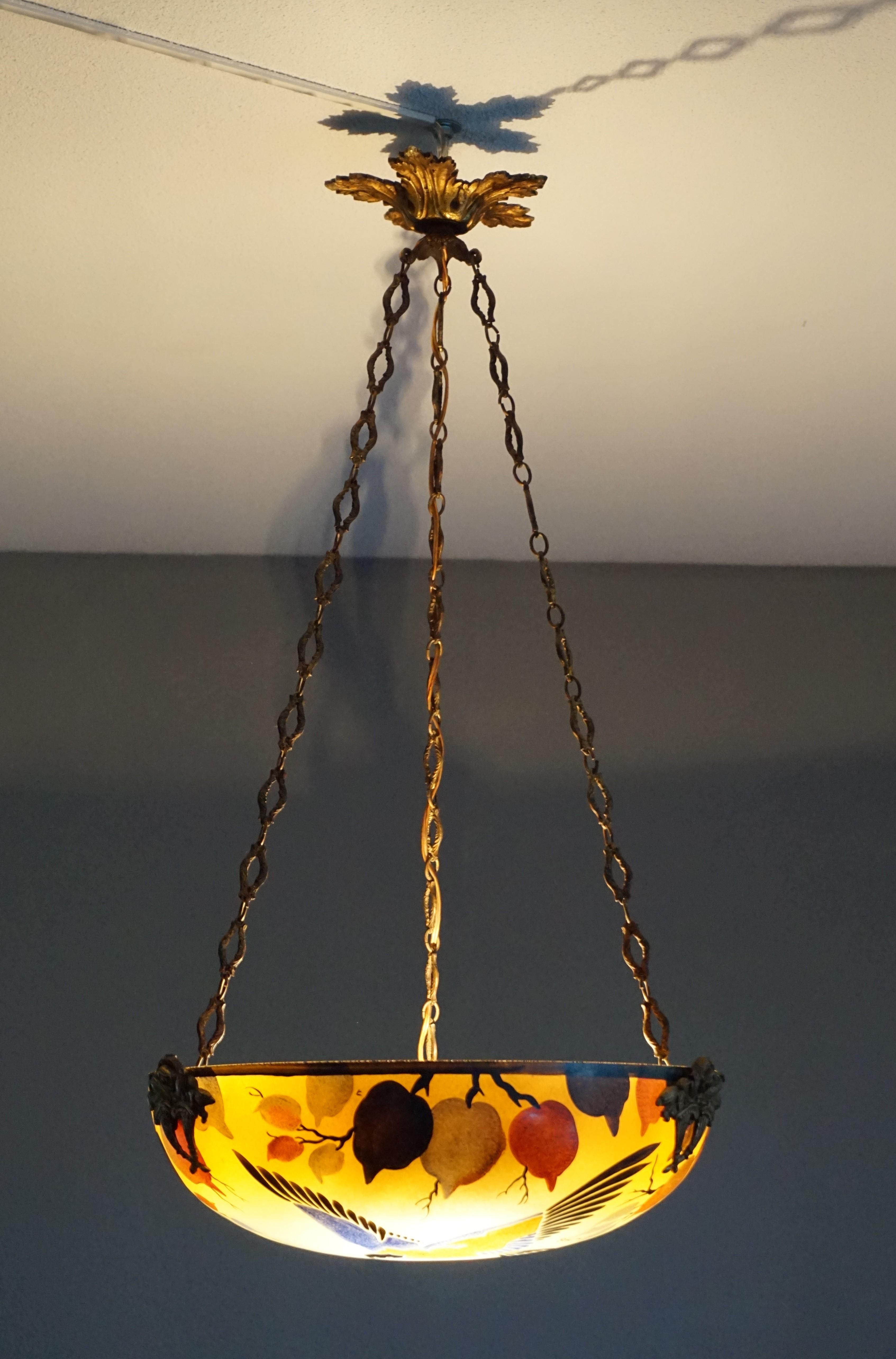 20th Century Enameled and Hand Painted Bird & Butterfly Chandelier / Pendant by David Gueron