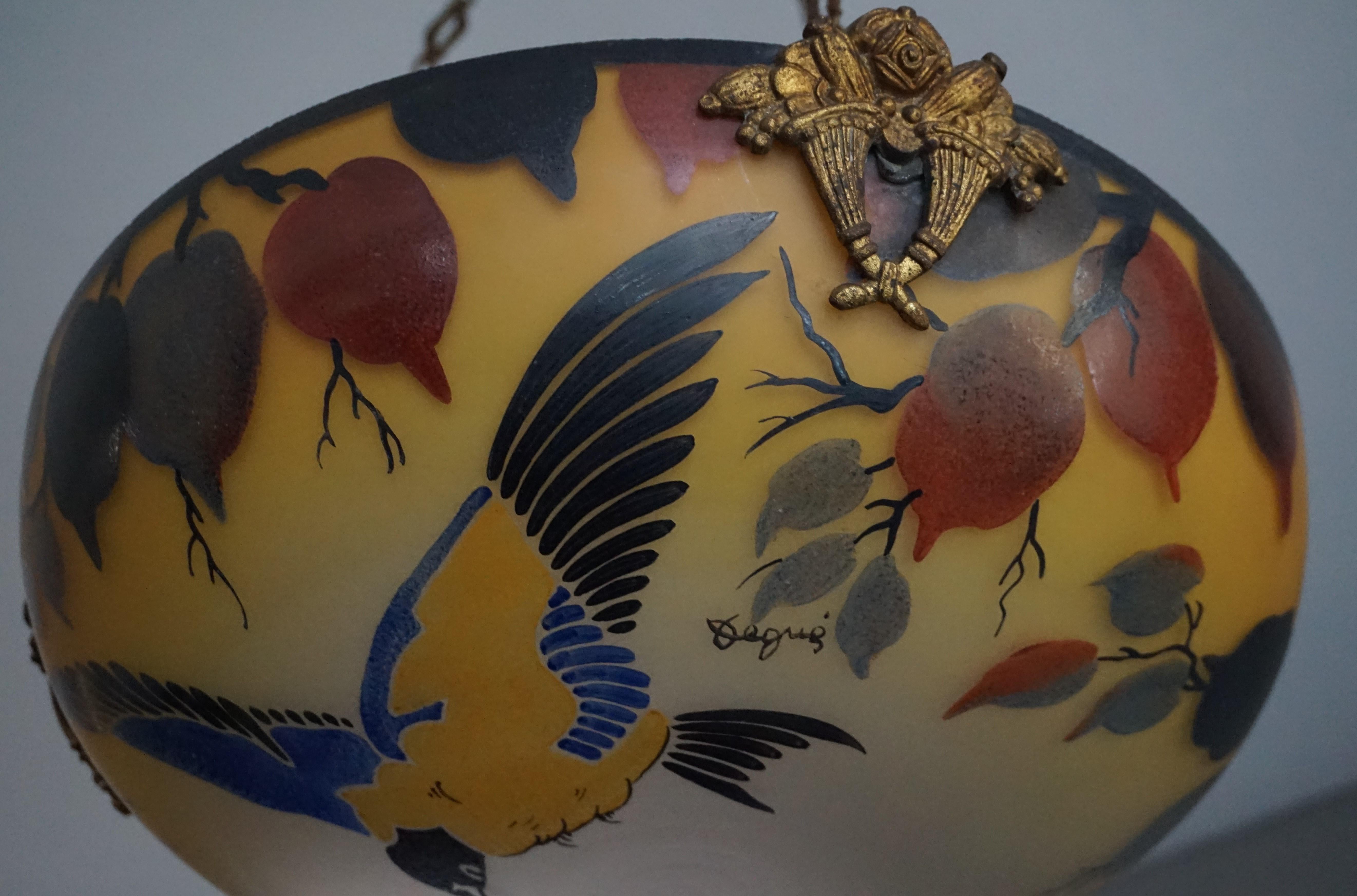 Bronze Enameled and Hand Painted Bird & Butterfly Chandelier / Pendant by David Gueron