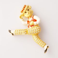 Enameled Articulating High Kick Bear Brooch By Bob Mackie, 1990s