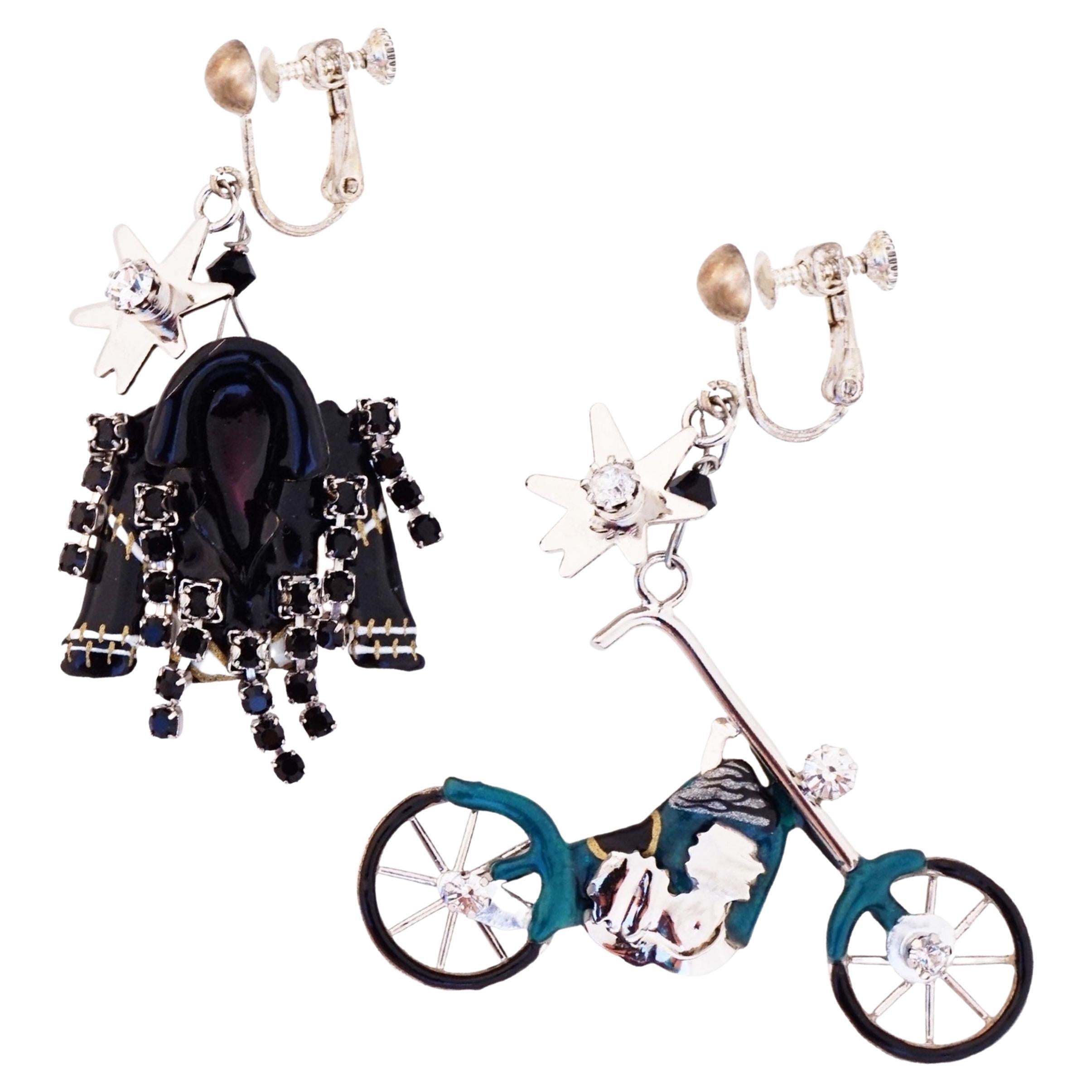 Enameled "Biker Snack" Charm Dangle Earrings By Lunch At The Ritz, 1990s For Sale