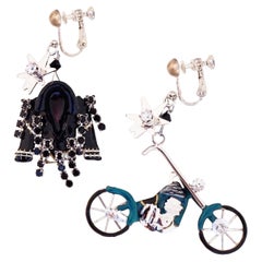 Vintage Enameled "Biker Snack" Charm Dangle Earrings By Lunch At The Ritz, 1990s